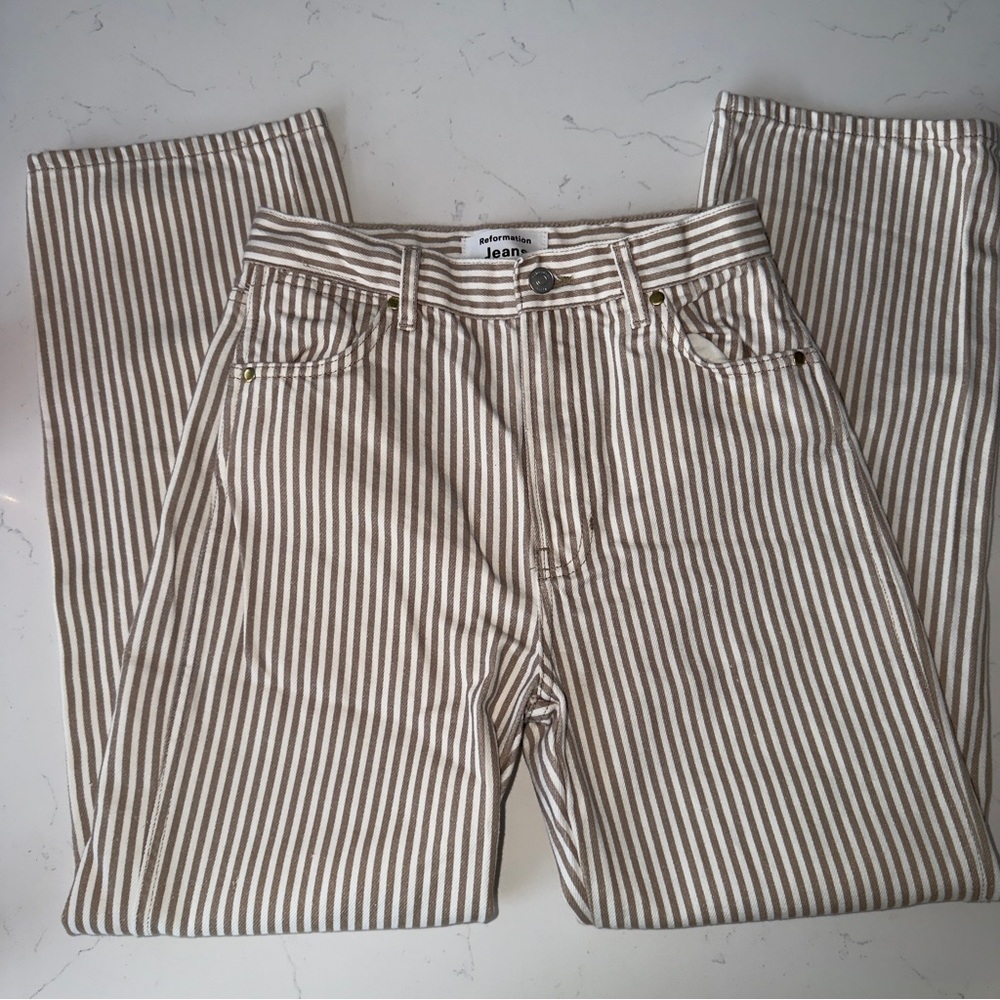Reformation Tan and White Striped Jeans